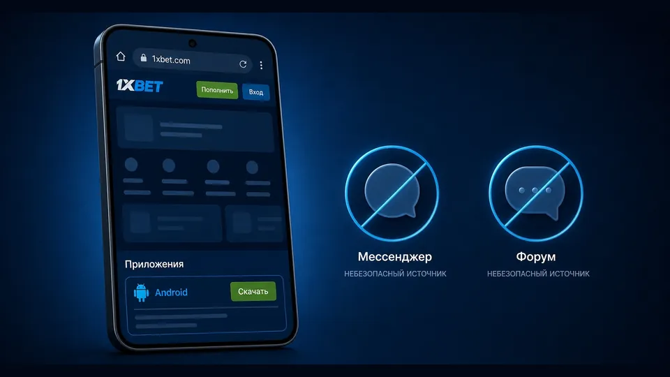 Кнопка Android в блоке «Приложения» на сайте букмекера; Telegram и форум отмечены как ненадёжные источники APK