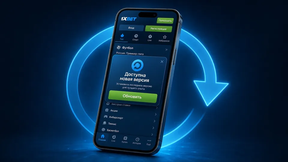 Окно «Доступна новая версия» в клиенте 1xBet на андроиде и значок обновления