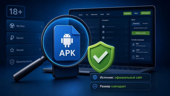 Проверка APK 1xBet: лупа над файлом и зелёный щит — источник и размер совпадают