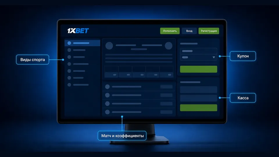 Интерфейс 1xBet для Windows: меню видов спорта слева, коэффициенты по центру, купон и касса справа