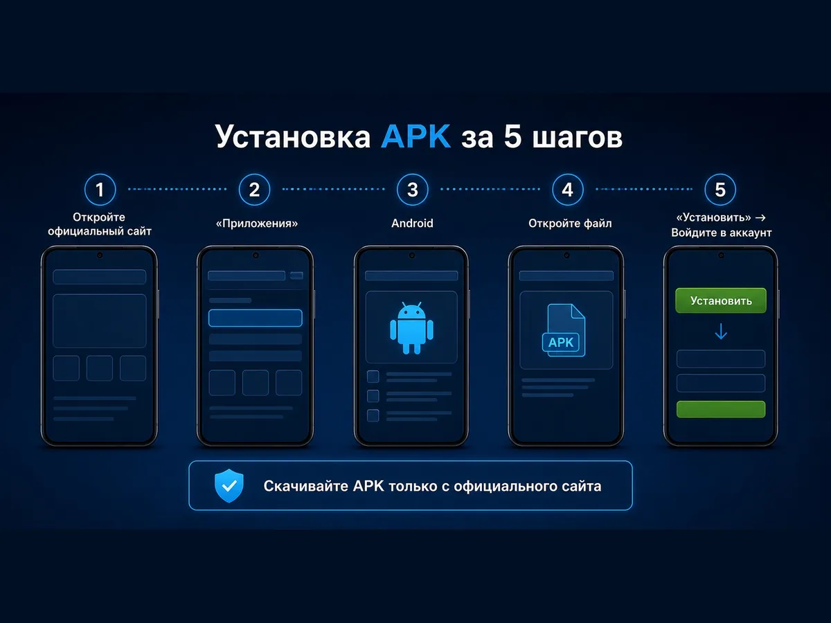 Схема установки 1хБет на андроид: сайт, блок приложений, кнопка Android, запуск файла, установка