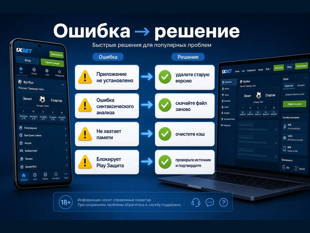 Ошибки установки APK 1хБет и способы их исправить — таблица