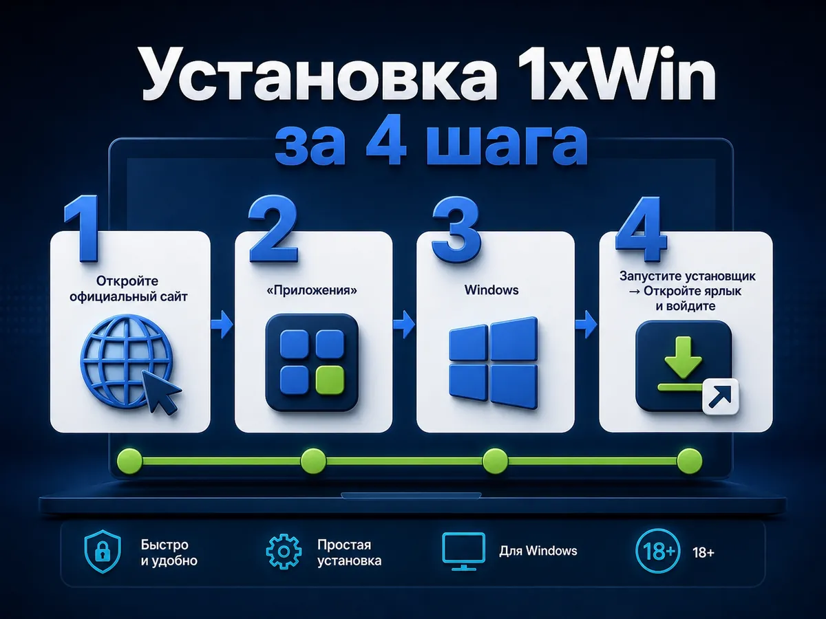 Установка 1хБет на компьютер в четыре шага: сайт, блок «Приложения», Windows, запуск установщика