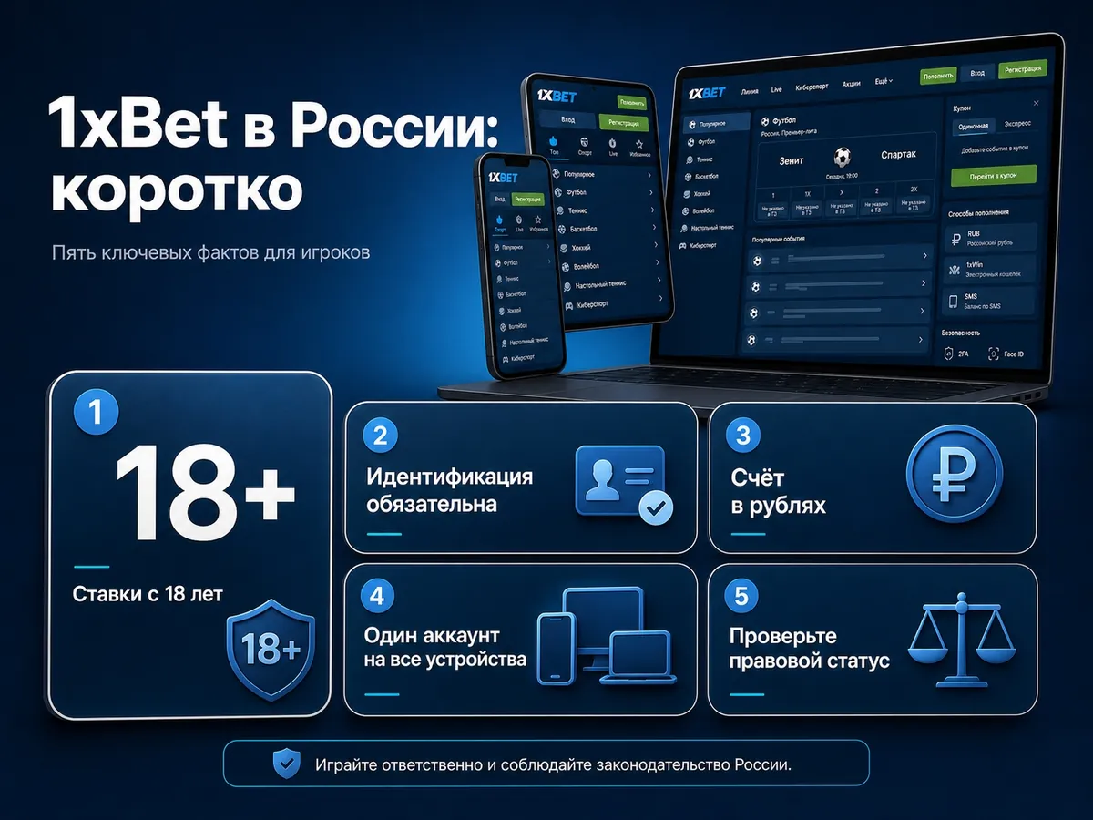 Пять главных фактов о 1xBet: 18+, проверка личности, валюта счёта, один аккаунт на все устройства, правовой статус