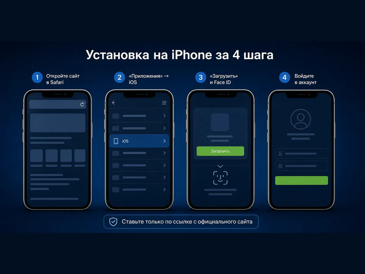 Установка 1xBet на iPhone: сайт в Safari, раздел iOS, кнопка «Загрузить» в App Store, вход в аккаунт