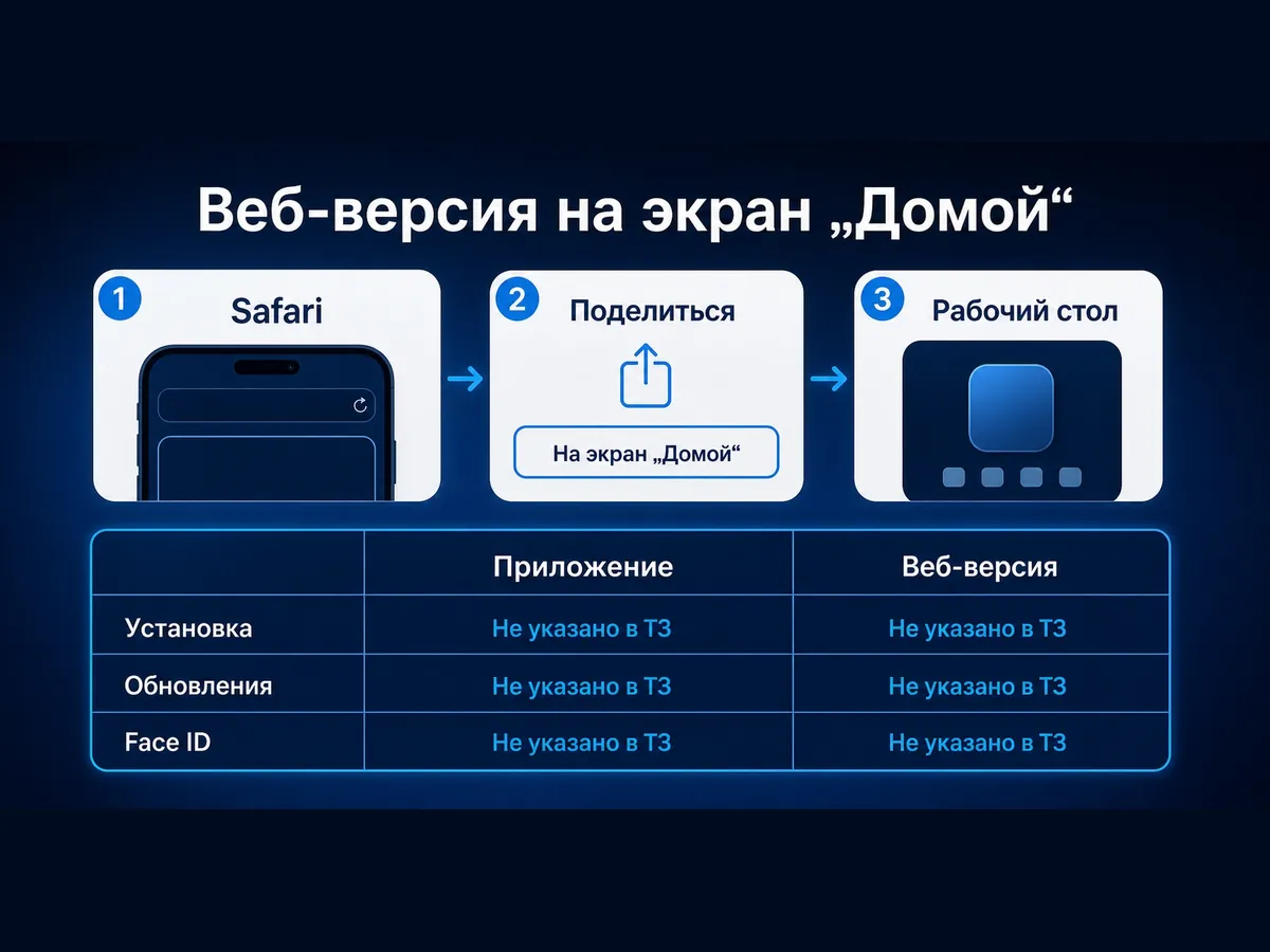 Ярлык веб-версии на iPhone: Safari, кнопка «Поделиться», пункт «На экран Домой»