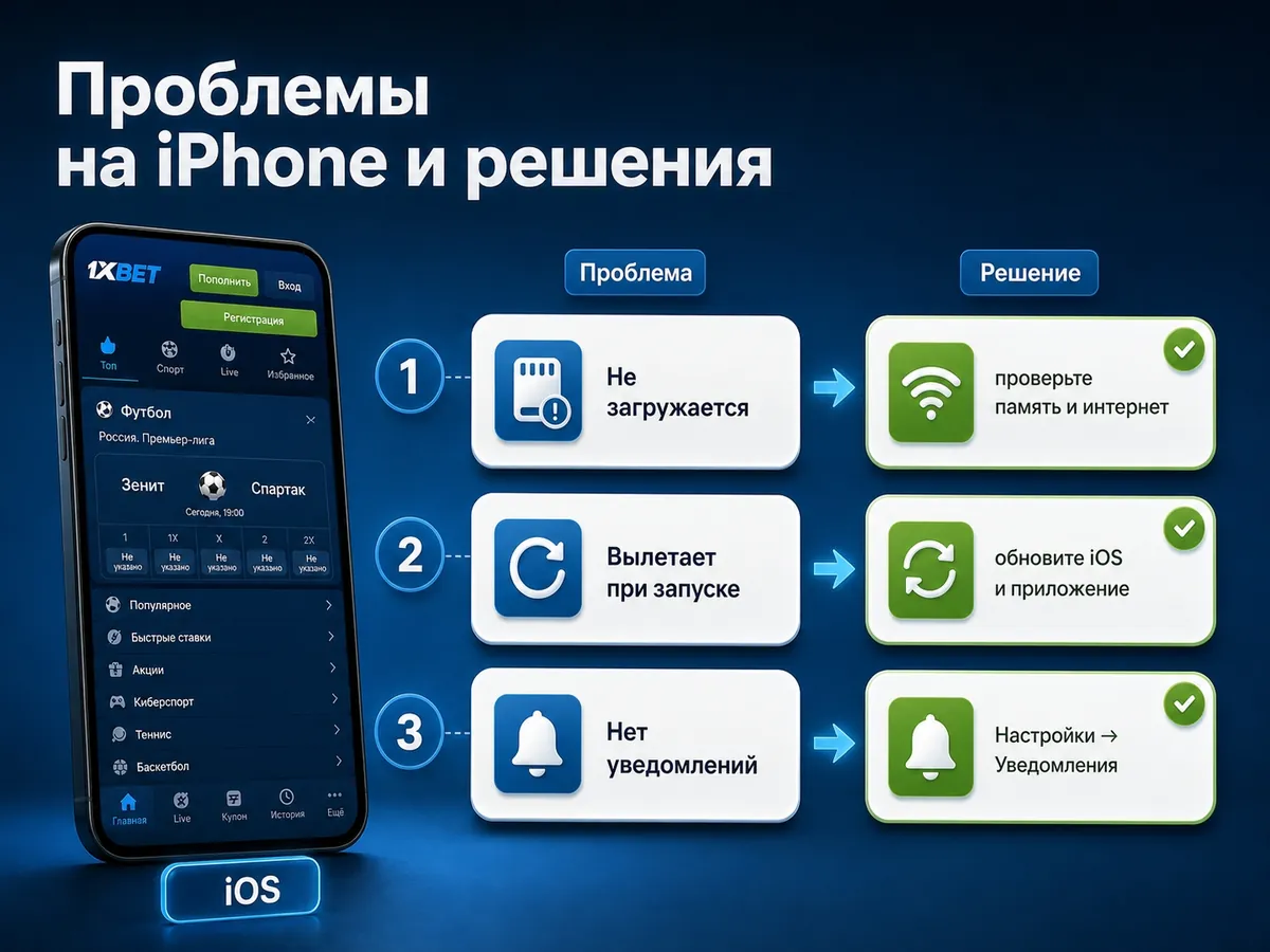 Частые сбои 1xBet на iPhone — не загружается, вылетает, молчат уведомления — и как их исправить