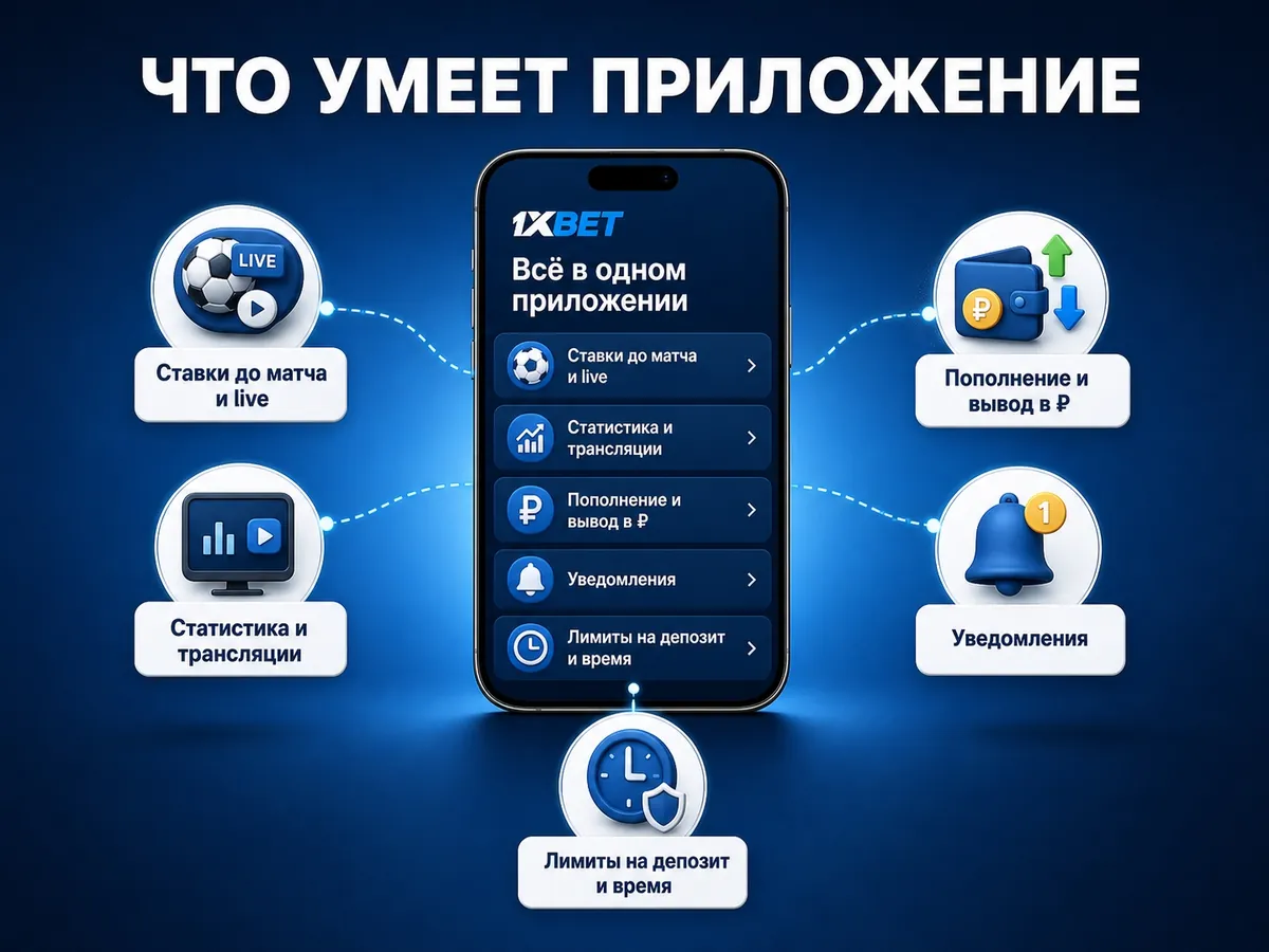 Функции клиента 1хБет: прематч и live, статистика, касса, уведомления, лимиты