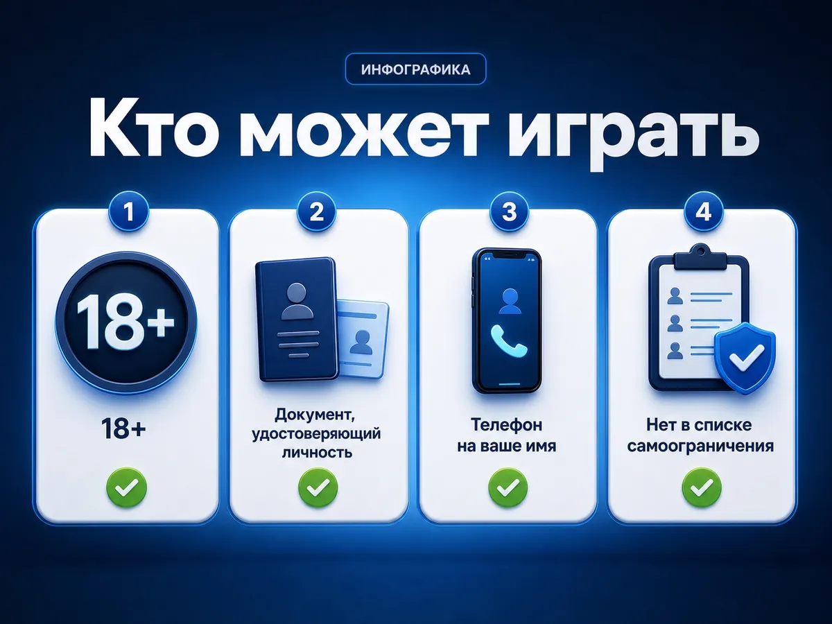Условия регистрации в 1xBet: 18+, документ, номер телефона на своё имя, отсутствие самоограничения