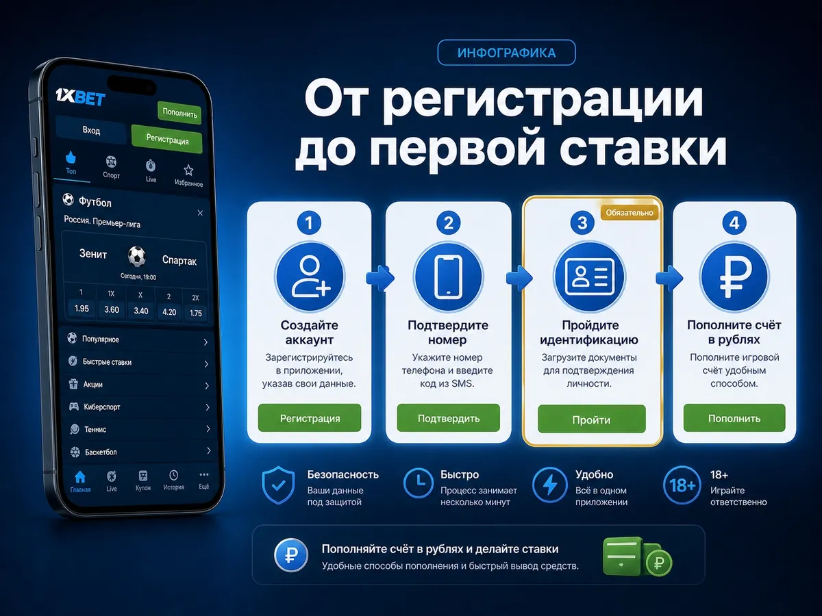 Этапы регистрации 1xBet: создание аккаунта, подтверждение номера, идентификация, пополнение