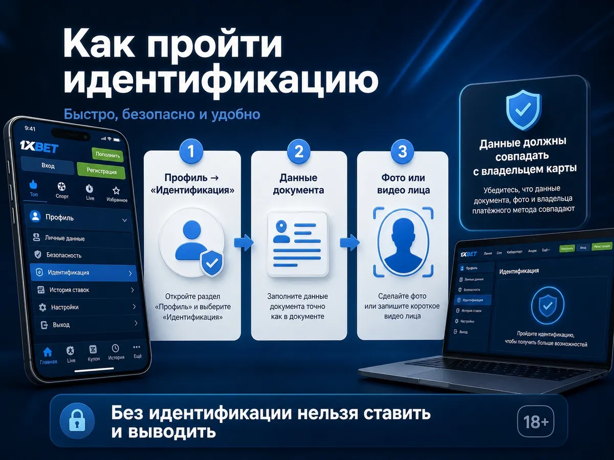 Идентификация в 1xBet в три этапа: профиль, данные документа, селфи с паспортом