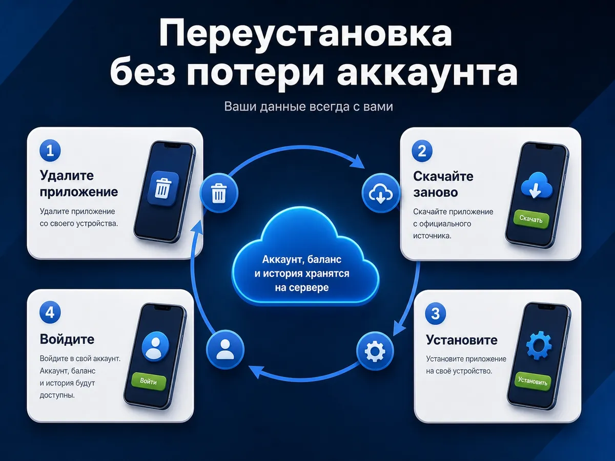 Переустановка 1xBet без потери аккаунта: удалить, скачать заново, войти под старым логином