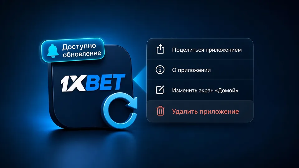 Меню iOS с кнопками «Обновить» и «Удалить приложение» для 1хБет