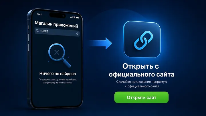 Поиск в App Store не нашёл 1xBet — подсказка открыть карточку по ссылке с сайта букмекера