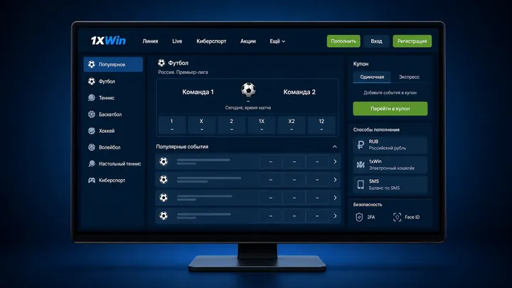 Программа 1хБет для Windows с линией матчей на широком мониторе